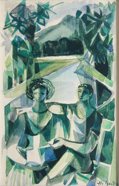 Camille HILAIRE - Les amoureux au bord de la Moselle, 1954 - Aquarelle originale signée 2