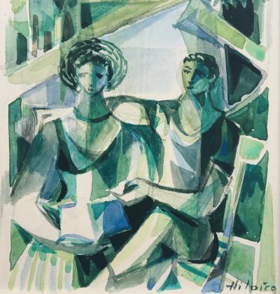 Camille HILAIRE - Les amoureux au bord de la Moselle, 1954 - Aquarelle originale signée 2