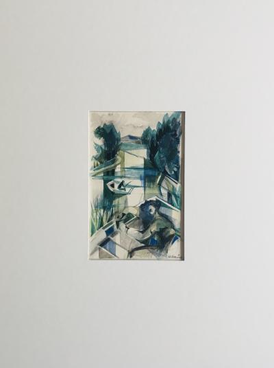 Camille HILAIRE - Sieste au bord de la Moselle, 1954 - Aquarelle originale signée 2