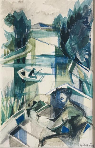 Camille HILAIRE - Sieste au bord de la Moselle, 1954 - Aquarelle originale signée 2