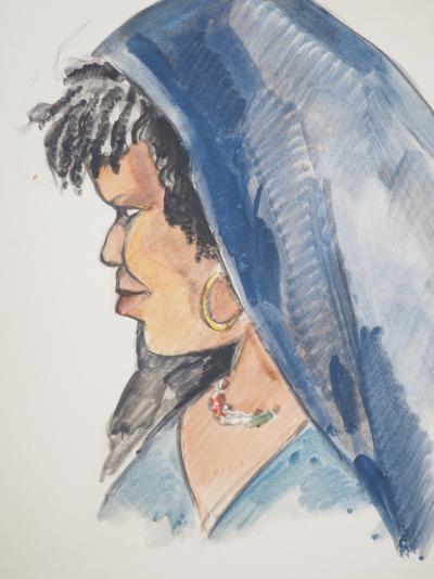 Jacques NAM - Femme au châle bleu, c.1930 - Aquarelle, Signée 2