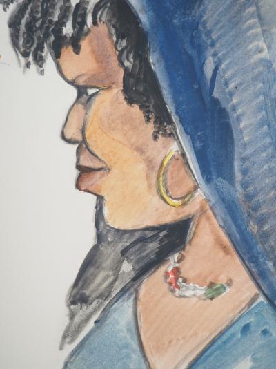 Jacques NAM - Femme au châle bleu, c.1930 - Aquarelle, Signée 2