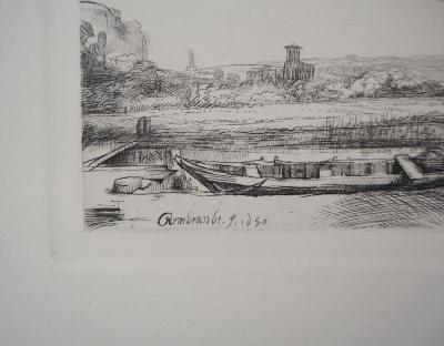 REMBRANDT (d’après) : Paysage au bateau, 1650 - Gravure Signée 2