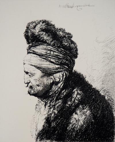 REMBRANDT (d’après) : L’homme au chapeau oriental, c.1635 - Gravure signée et numérotée 2