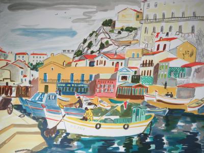 Yves BRAYER - Barques de pêche au Vallon des Auffes, 1974 - Lithographie signée 2