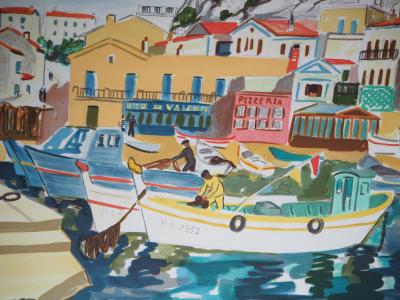 Yves BRAYER - Barques de pêche au Vallon des Auffes, 1974 - Lithographie signée 2