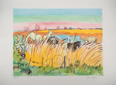 Yves BRAYER - Camargue: Chevaux dans les roseaux - Lithographie signée et numérotée 2