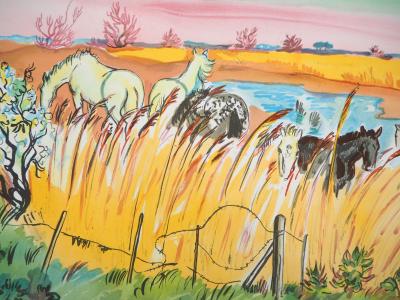 Yves BRAYER - Camargue: Chevaux dans les roseaux - Lithographie signée et numérotée 2