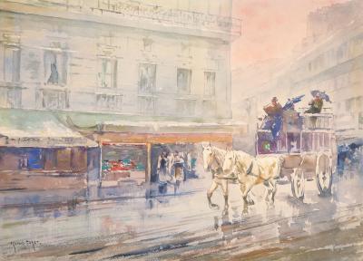Francis GARAT : L’Omnibus dans la rue parisienne - Aquarelle originale signée 2