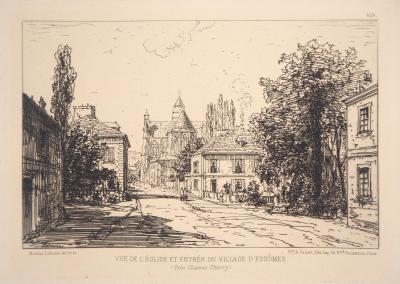 Maxime LALANNE : Vue de l’église et entrée du village d’Essômes - Gravure originale signée 2