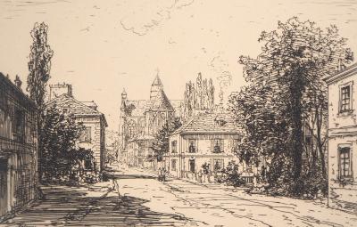 Maxime LALANNE : Vue de l’église et entrée du village d’Essômes - Gravure originale signée 2
