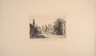 Maxime LALANNE : Vue de l’église et entrée du village d’Essômes - Gravure originale signée 2