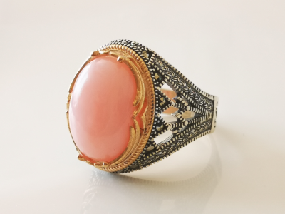 Bague chevaliere en argent Opale rose 2