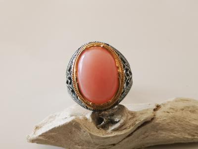 Bague chevaliere en argent Opale rose 2