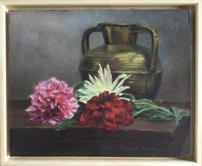 Marguerite DORBRITZ - Dahlias sur un entablement - Huile sur toile signée 2
