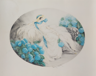 Louis ICART (1888 - 1950) - Les hortensias (Hydrangeas), 1929  - Pointe sèche & eau forte en couleurs  signée 2