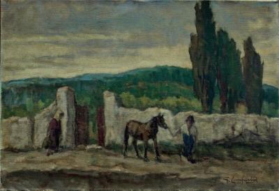 Giuseppe COMPARINI - Route des cyprès avec poney, 1970 - Huile sur toile 2