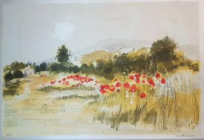 Michel JOUENNE - Les coquelicots, 1992 - Lithographie originale sur soie signée au crayon 2