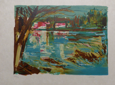 Gaston LARRIEU - Maison rouge au bord de l’eau, 2000 - Lithographie originale signée 2