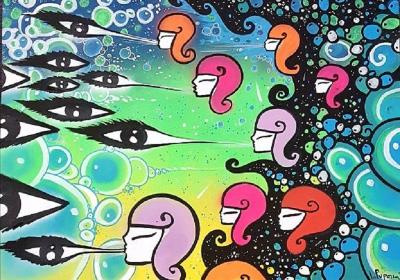 La Pupazza - Femmes qui soufflent leurs yeux - Acrylique et spray sur papier 2