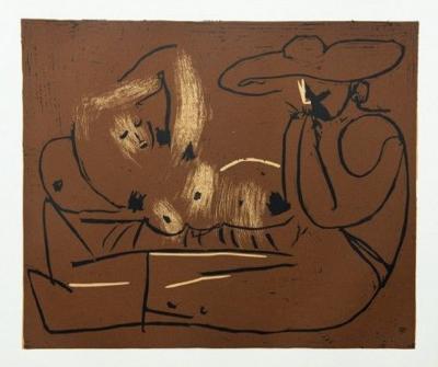 Pablo PICASSO - Femme couchée et homme au grand chapeau, Linogravure, 27x32,5 cm 2