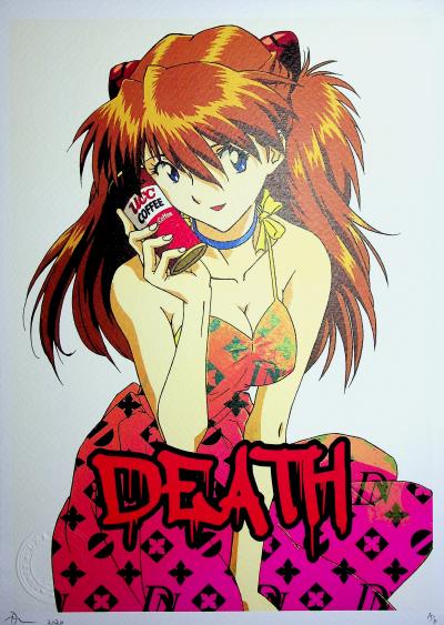Death NYC - Manga girl with a Louis Vuitton dress - Original signed  screenprint - Street Art - Plazzart