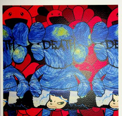 Death NYC -  Kaws X Van Gogh with  red Murakami flowers in background - Sérigraphie originale signée 2