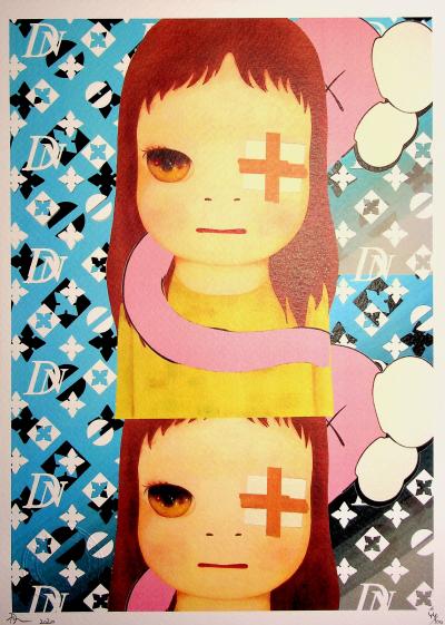 Death NYC - Nara with a bandage grabbed by kaws with a Vuitton background - Sérigraphie originale signée 2