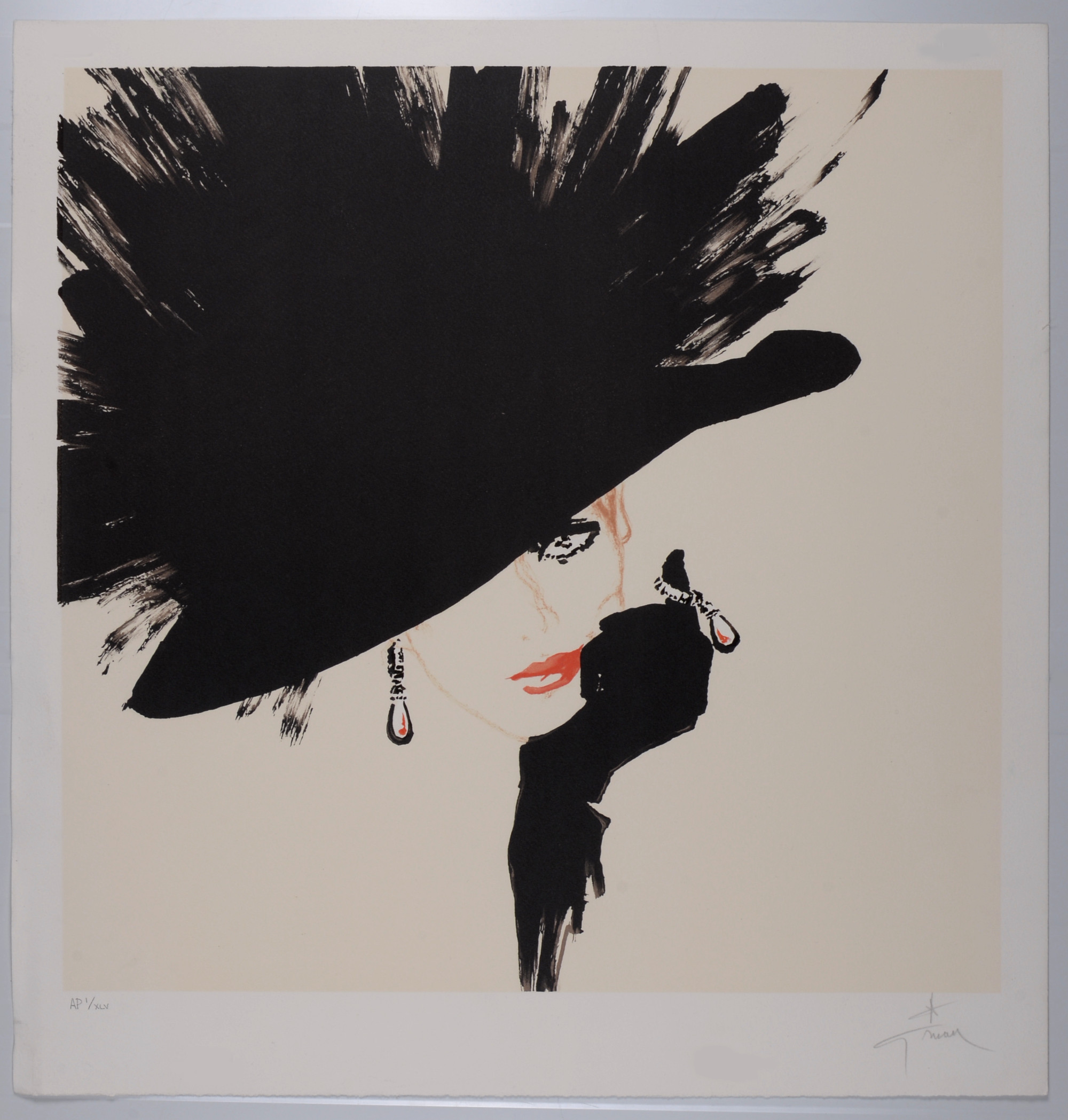 Lithographie Originale Signée René Gruau - Rouge Baiser - Circa 1980 - Art Abstrait Personnage