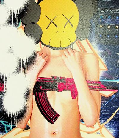 Death NYC - Girl with a Kaws head with a AK-47 - Original signed screenprint 2