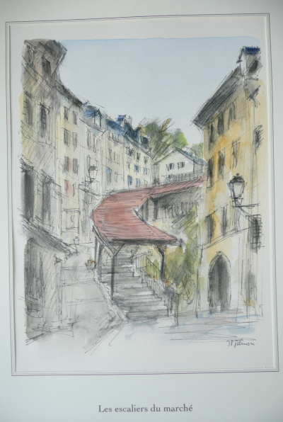 Jean Pierre REMON - Les escaliers du marché, 2008 - Aquarelle signée 2