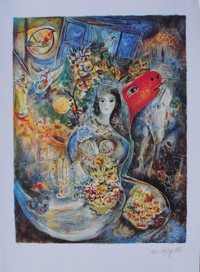 Marc CHAGALL (d’après) : La mariée aux fleurs, Lithographie signée et numérotée, 500ex