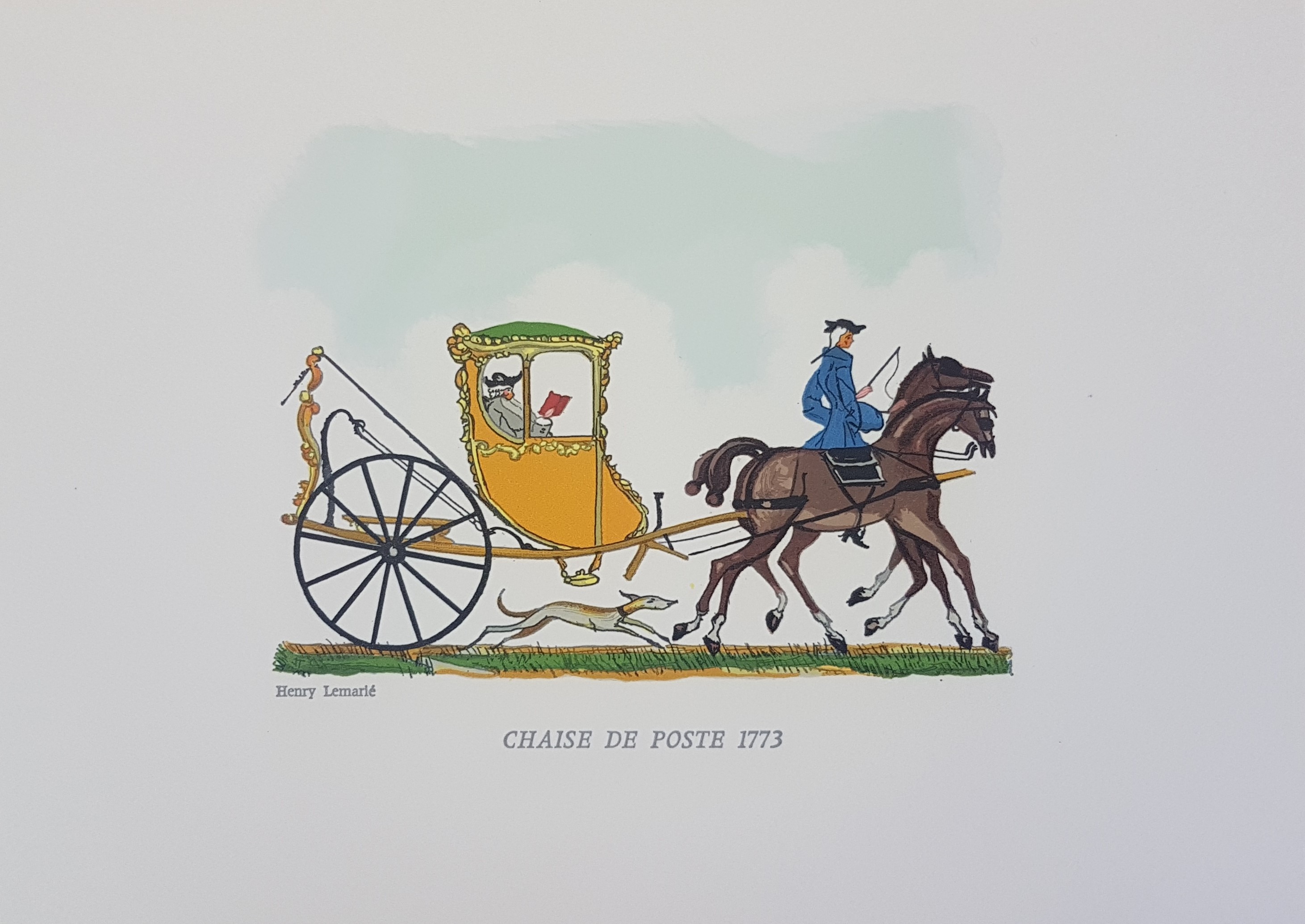 Henry LEMARIE Chaise de poste 1773 Gravure sur bois originale Art