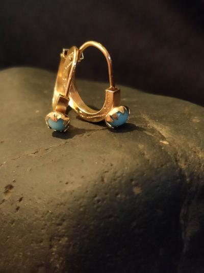 Boucle D’oreille Créole Vintage - En Or 18K (750) Et Opaline Bleue -Décor Ciselé 2