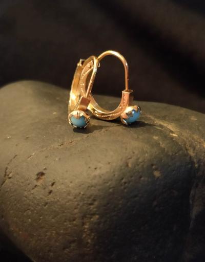 Boucle D’oreille Créole Vintage - En Or 18K (750) Et Opaline Bleue -Décor Ciselé 2