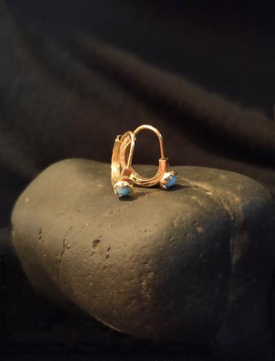 Boucle D’oreille Créole Vintage - En Or 18K (750) Et Opaline Bleue -Décor Ciselé 2