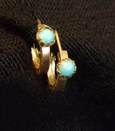 Boucle D’oreille Créole Vintage - En Or 18K (750) Et Opaline Bleue -Décor Ciselé 2