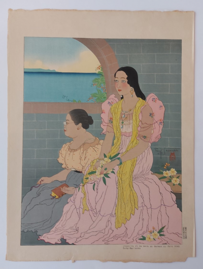 Paul JACOULET - Joaquina et sa mère au Sermon du Père Pons, Rota : Marianes. 1947- Bois gravé signé au crayon 2