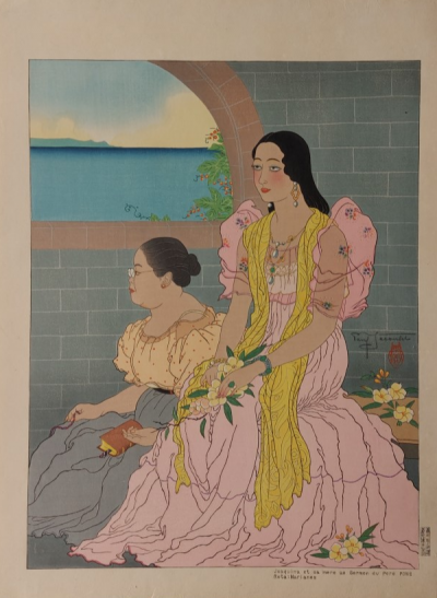 Paul JACOULET - Joaquina et sa mère au Sermon du Père Pons, Rota : Marianes. 1947- Bois gravé signé au crayon 2