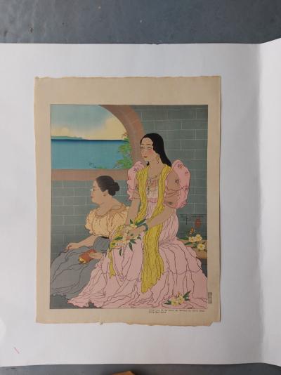 Paul JACOULET - Joaquina et sa mère au Sermon du Père Pons, Rota : Marianes. 1947- Bois gravé signé au crayon 2