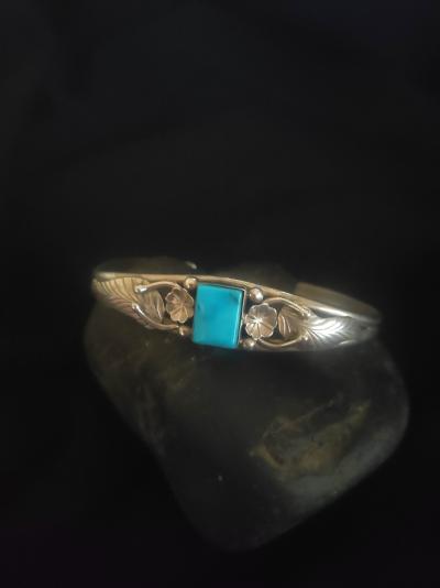 Bracelet Jonc Navajo amérindien en argent et turquoise - Signé 2
