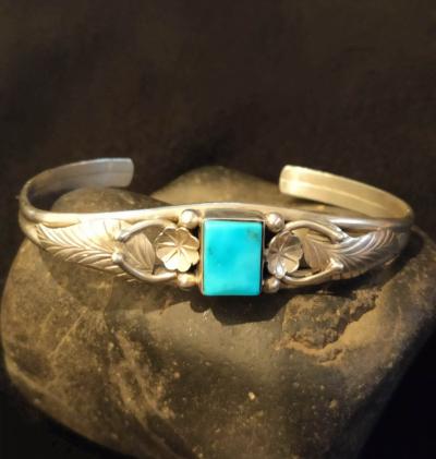 Bracelet Jonc Navajo amérindien en argent et turquoise - Signé 2