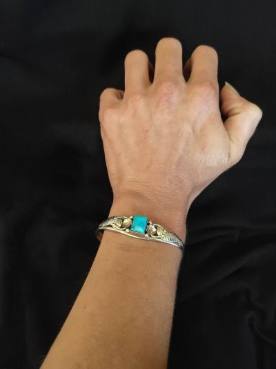 Bracelet Jonc Navajo amérindien en argent et turquoise - Signé 2