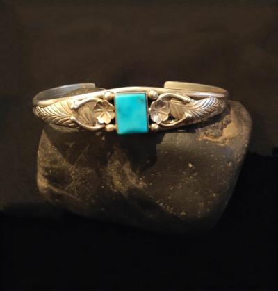 Bracelet Jonc Navajo amérindien en argent et turquoise - Signé 2