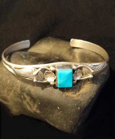 Bracelet Jonc Navajo amérindien en argent et turquoise - Signé 2