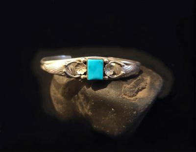 Bracelet Jonc Navajo amérindien en argent et turquoise - Signé 2