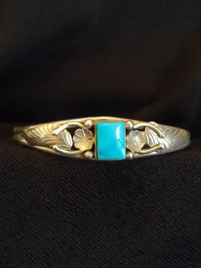 Bracelet Jonc Navajo amérindien en argent et turquoise - Signé 2