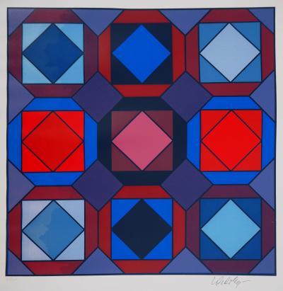 Victor VASARELY - Composition cinétique en rouge et bleu - Sérigraphie originale, Signée 2