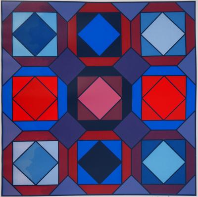 Victor VASARELY - Composition cinétique en rouge et bleu - Sérigraphie originale, Signée 2