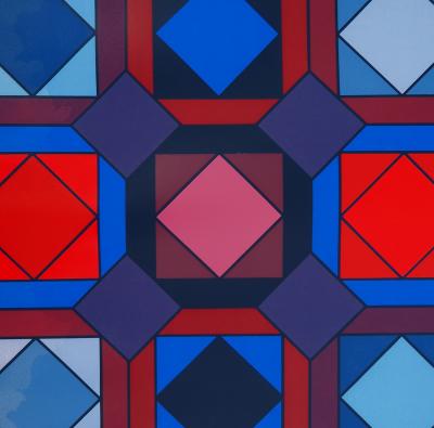 Victor VASARELY - Composition cinétique en rouge et bleu - Sérigraphie originale, Signée 2